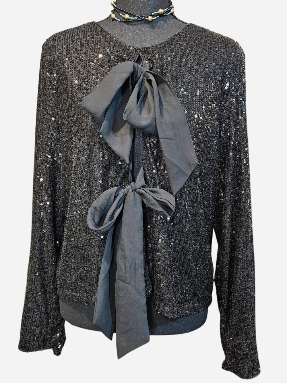 NWT Cupio Black Sequin Bow Front Long Sleeve Top Whimsy Party Chic Coquette L
